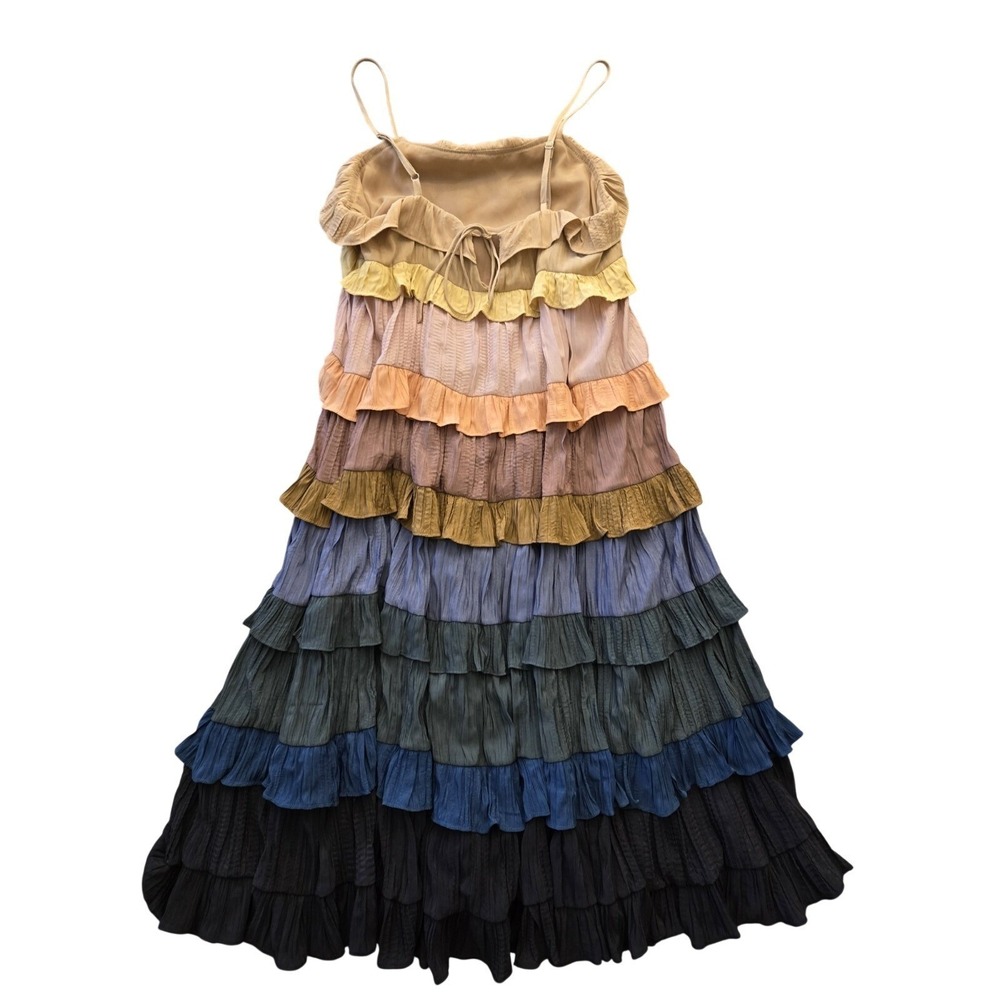 Storia Multicolor Tiered Ruffle Midi Dress Rainbow Boho Summer Crinkle Small - Picture 2 of 7